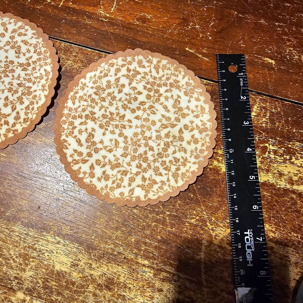 Set of 5 Vintage Round Floral Paper Coasters, Brown/Beige, Scalloped 4 in